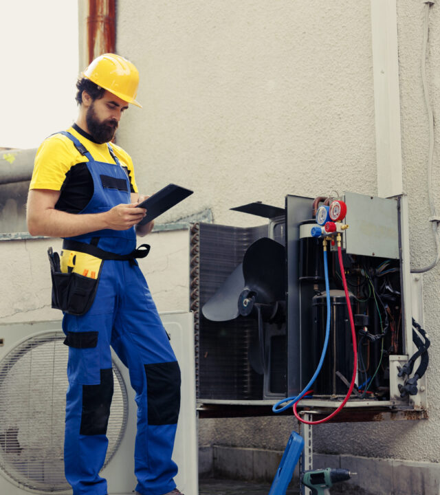 Technician looking for freon leaks Experienced technician commissioned for outdoor air conditioner routine maintenance, looking for cooling system freon leaks. Skilled engineer doing hvac unit safety check, writing report on clipboard