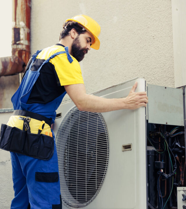 Technician fixing air conditioner Certified technician contracted to fix broken air conditioner, dismantling condenser front coil panel to check faulty internal components. Electrician opening hvac system to check for improper wiring