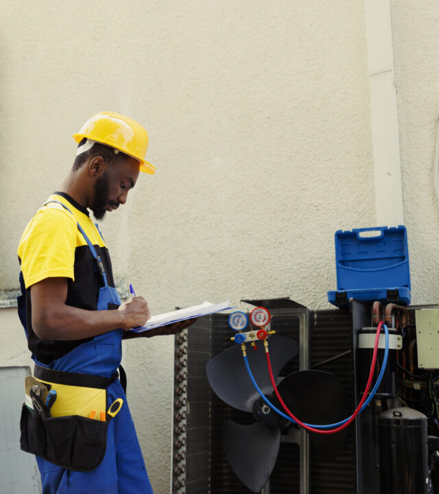 Technician inspecting freon levels Certified technician doing inspection of freon levels and necessary repairs to prevent major breakdowns. Seasoned mechanic troubleshooting hvac system, writing findings on clipboard